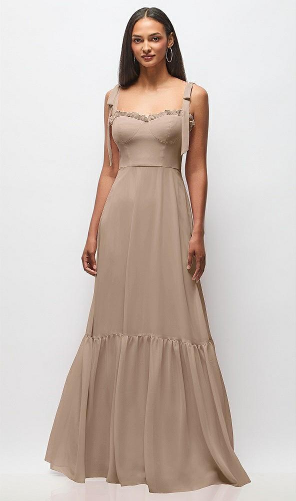 tie-shoulder bustier bodice ruffle-hem maxi dress
