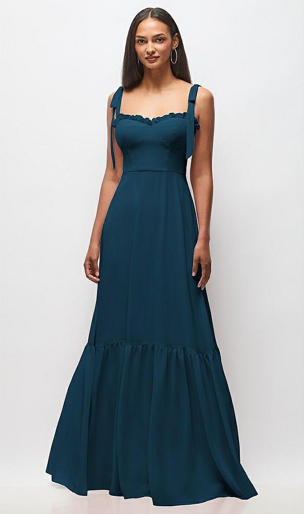 tie-shoulder bustier bodice ruffle-hem maxi dress