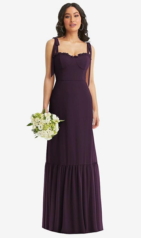 tie-shoulder bustier bodice ruffle-hem maxi dress