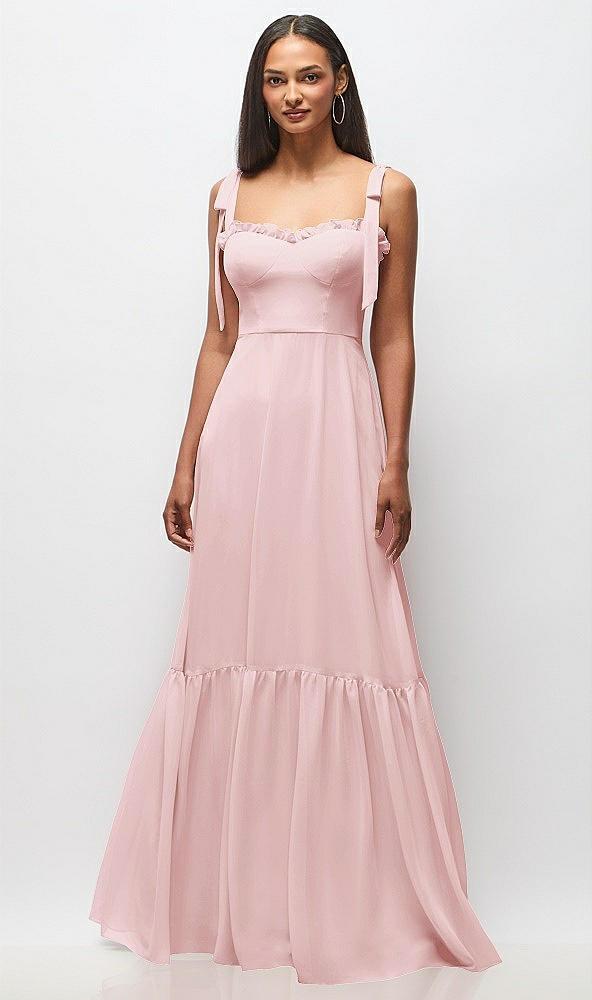 tie-shoulder bustier bodice ruffle-hem maxi dress