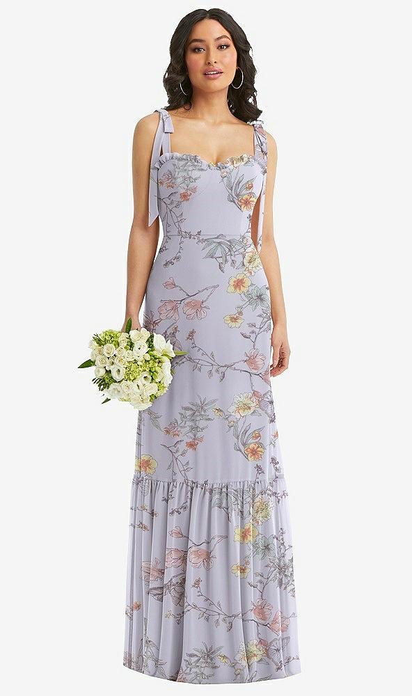 tie-shoulder bustier bodice ruffle-hem maxi dress