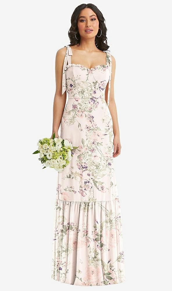 tie-shoulder bustier bodice ruffle-hem maxi dress
