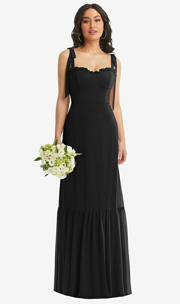 tie-shoulder bustier bodice ruffle-hem maxi dress