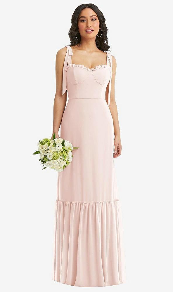 tie-shoulder bustier bodice ruffle-hem maxi dress
