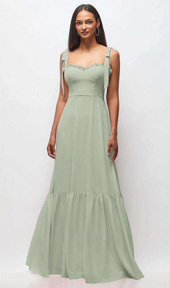 tie-shoulder bustier bodice ruffle-hem maxi dress