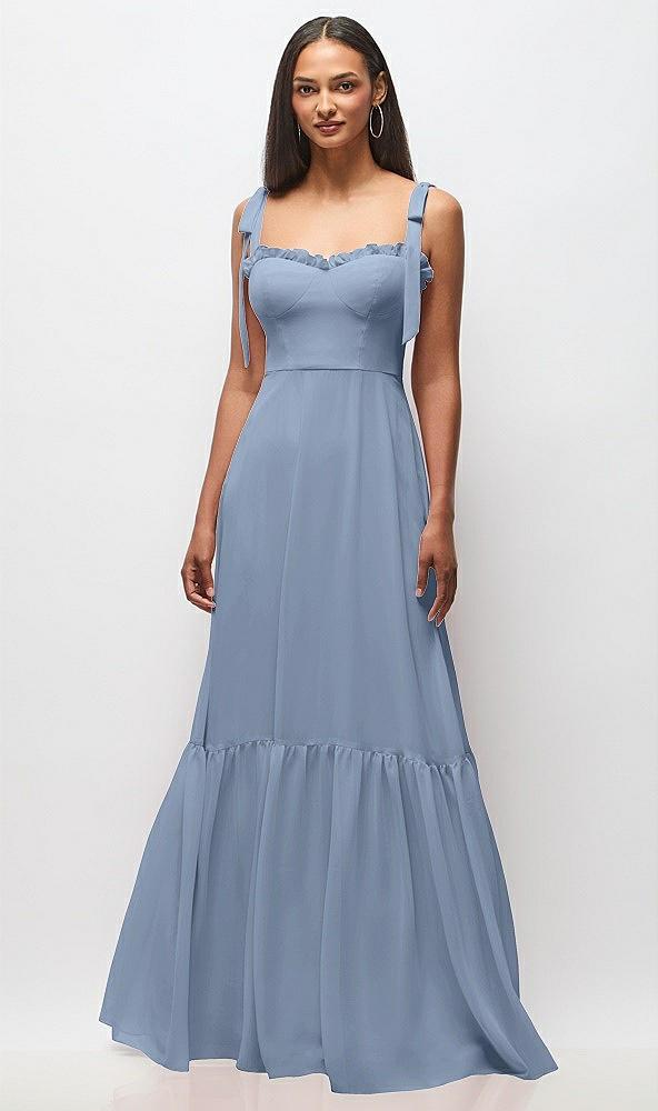 tie-shoulder bustier bodice ruffle-hem maxi dress