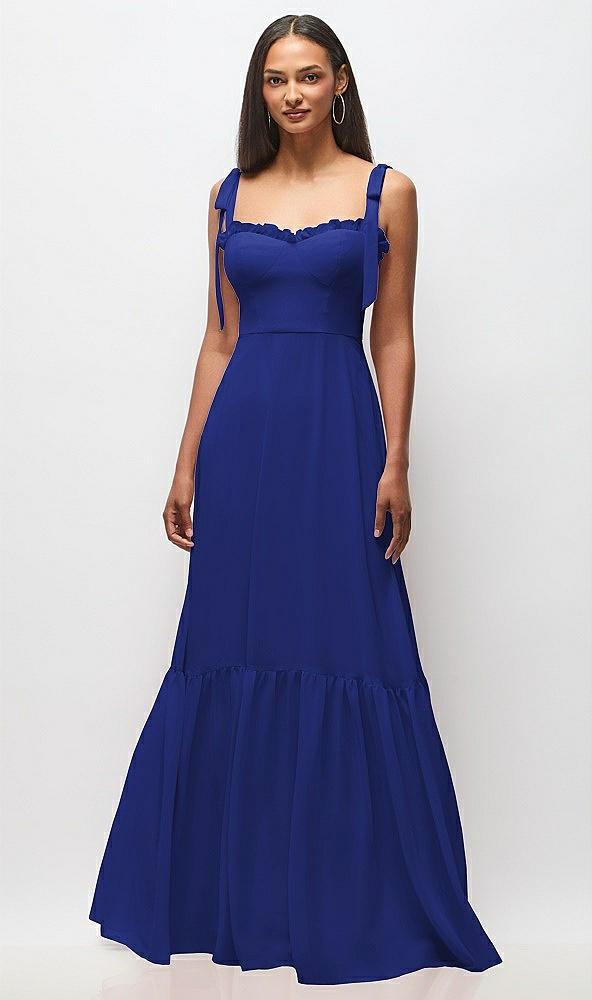 tie-shoulder bustier bodice ruffle-hem maxi dress