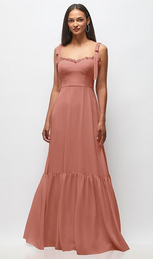 tie-shoulder bustier bodice ruffle-hem maxi dress