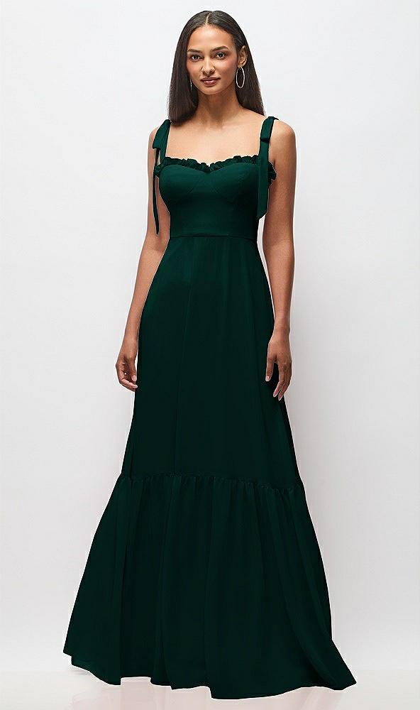 tie-shoulder bustier bodice ruffle-hem maxi dress