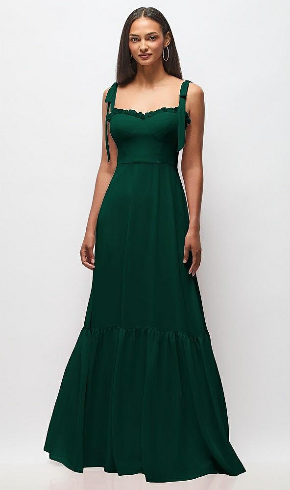 tie-shoulder bustier bodice ruffle-hem maxi dress