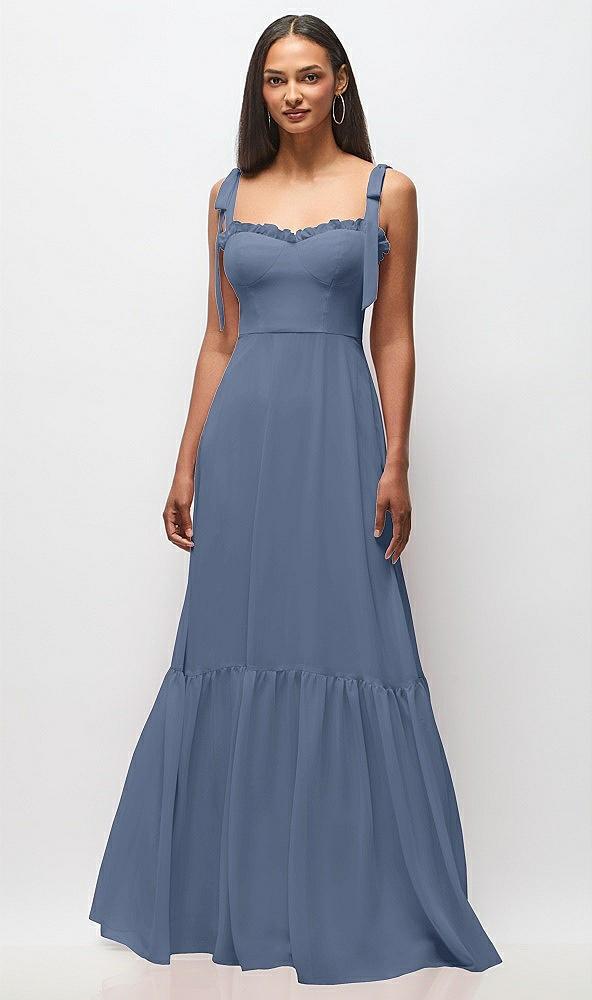 tie-shoulder bustier bodice ruffle-hem maxi dress