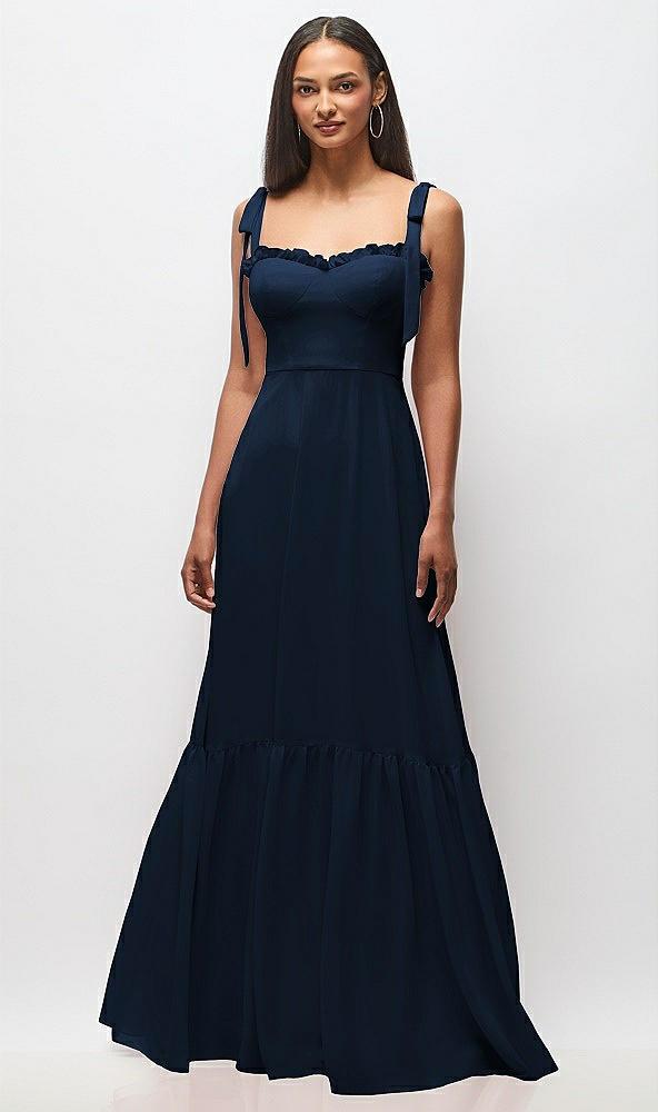 tie-shoulder bustier bodice ruffle-hem maxi dress