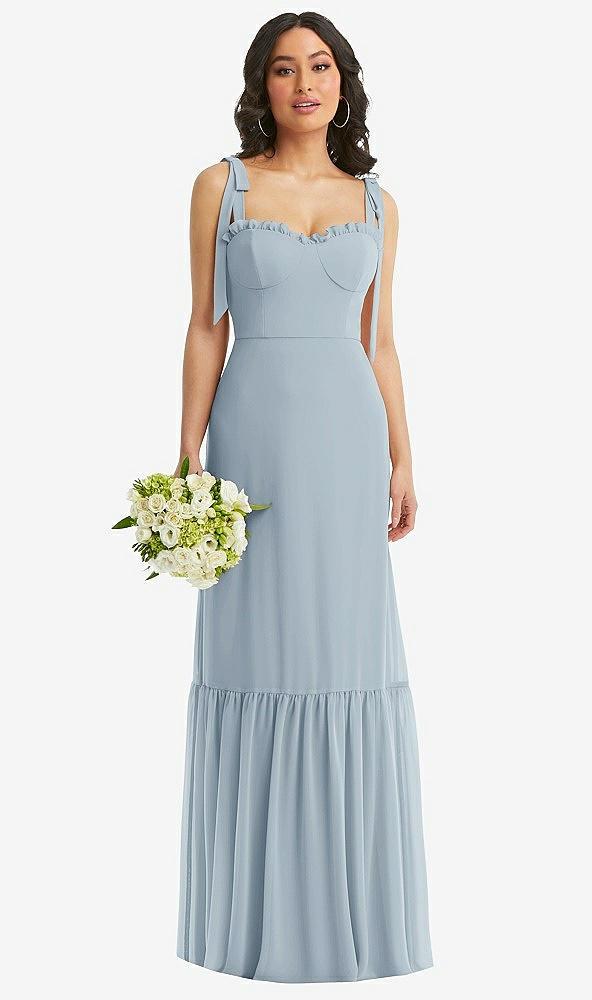 tie-shoulder bustier bodice ruffle-hem maxi dress