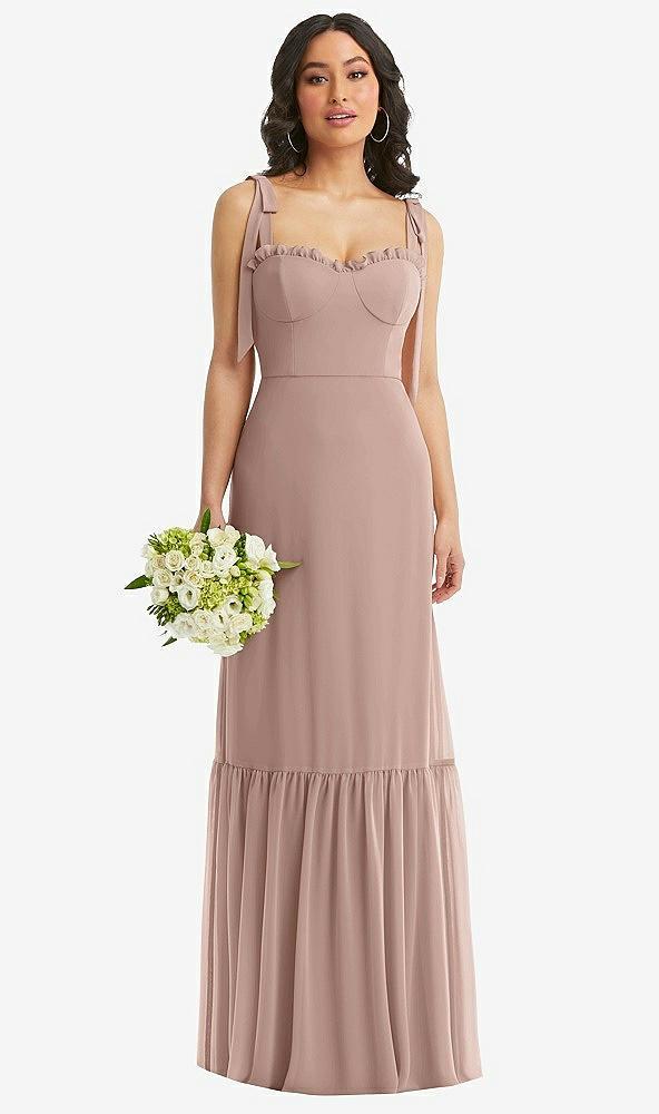 tie-shoulder bustier bodice ruffle-hem maxi dress