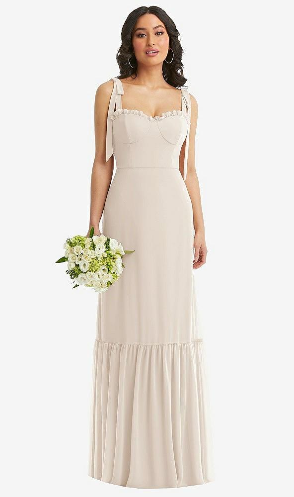tie-shoulder bustier bodice ruffle-hem maxi dress