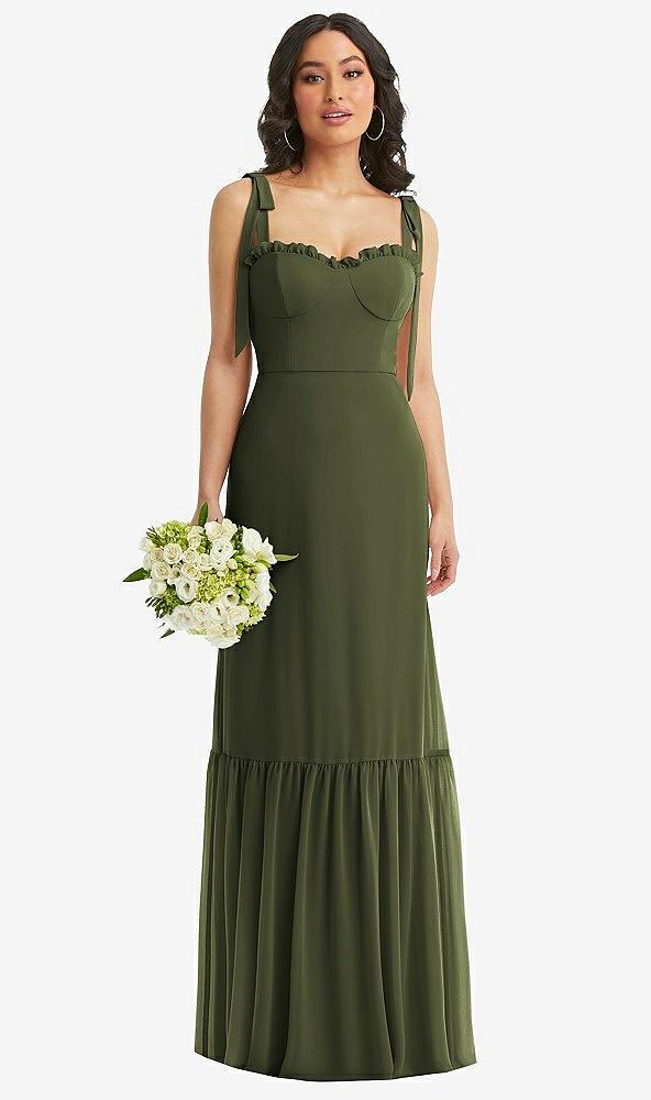 tie-shoulder bustier bodice ruffle-hem maxi dress