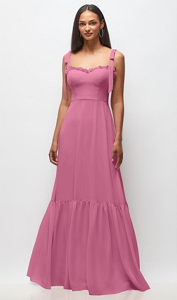 tie-shoulder bustier bodice ruffle-hem maxi dress