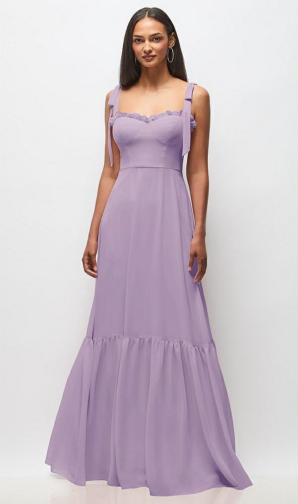 tie-shoulder bustier bodice ruffle-hem maxi dress