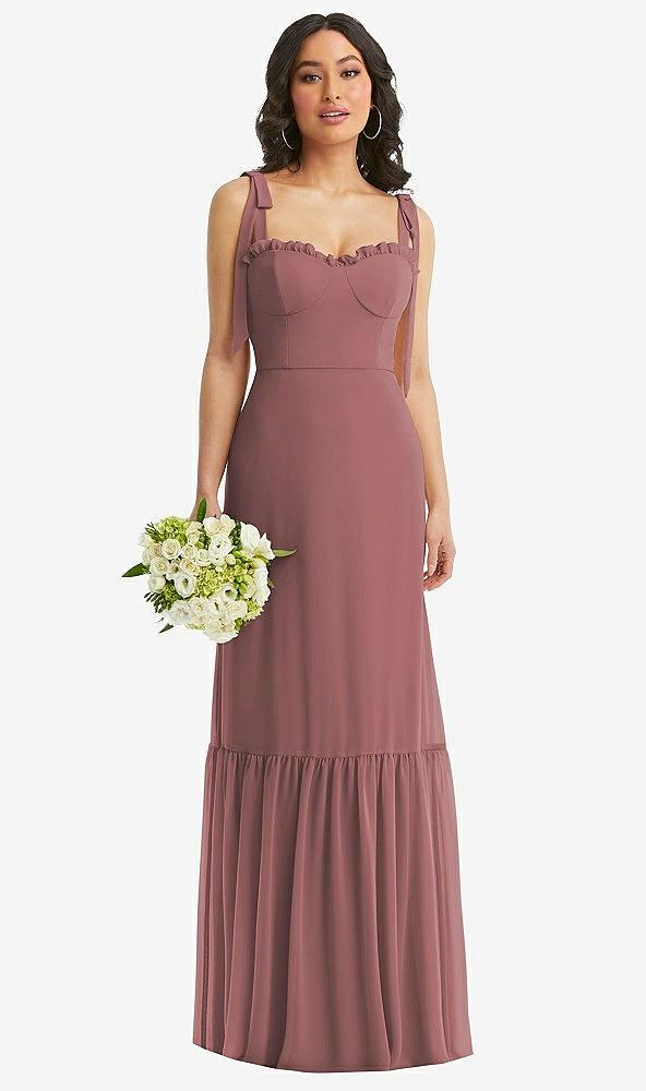 tie-shoulder bustier bodice ruffle-hem maxi dress