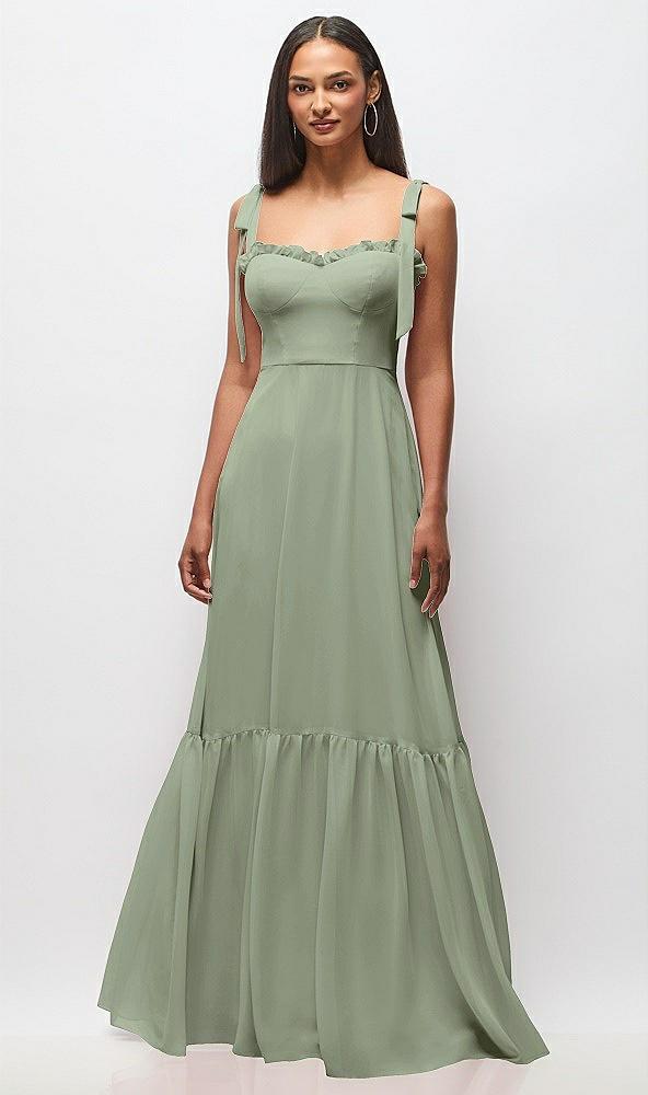 tie-shoulder bustier bodice ruffle-hem maxi dress