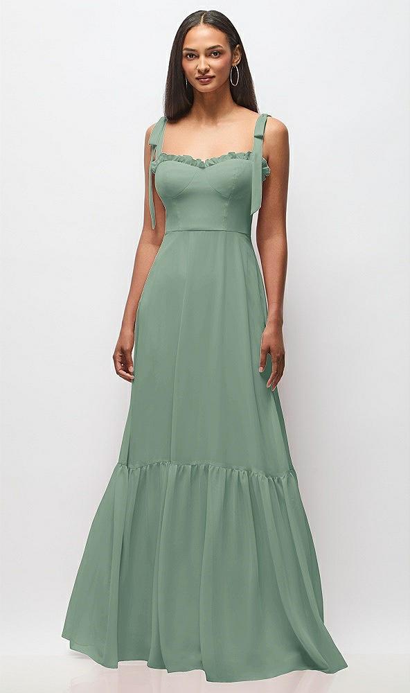tie-shoulder bustier bodice ruffle-hem maxi dress