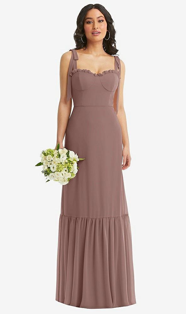 tie-shoulder bustier bodice ruffle-hem maxi dress