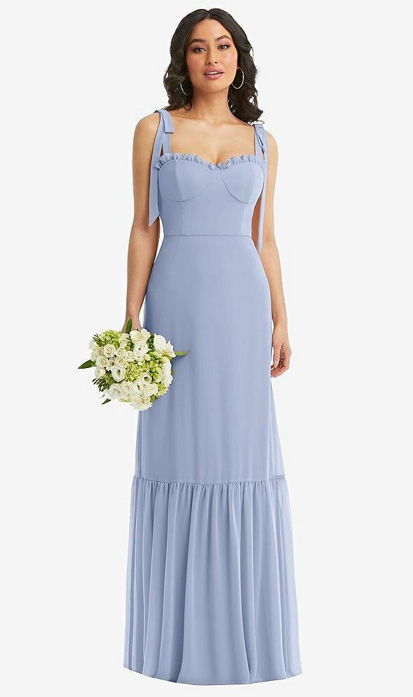 tie-shoulder bustier bodice ruffle-hem maxi dress