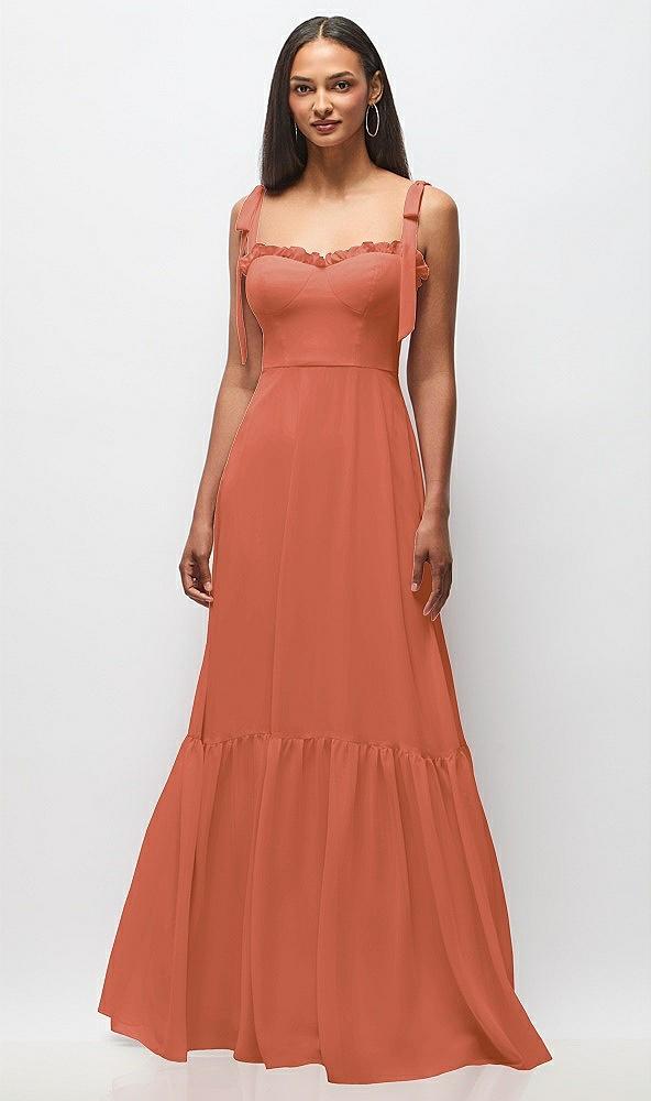 tie-shoulder bustier bodice ruffle-hem maxi dress