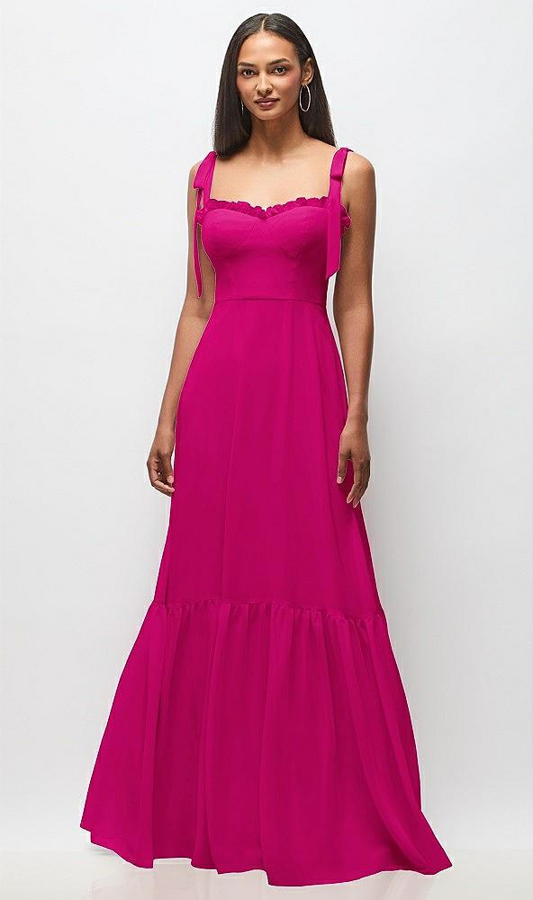 tie-shoulder bustier bodice ruffle-hem maxi dress