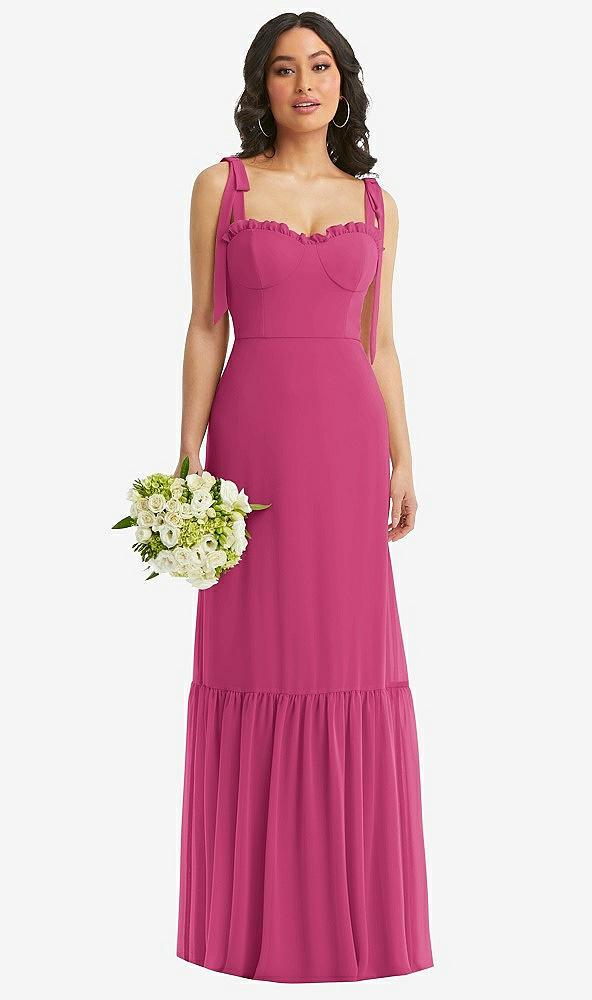 tie-shoulder bustier bodice ruffle-hem maxi dress