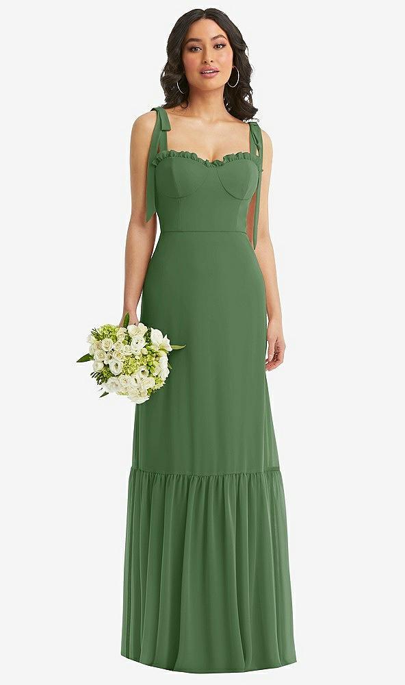 tie-shoulder bustier bodice ruffle-hem maxi dress