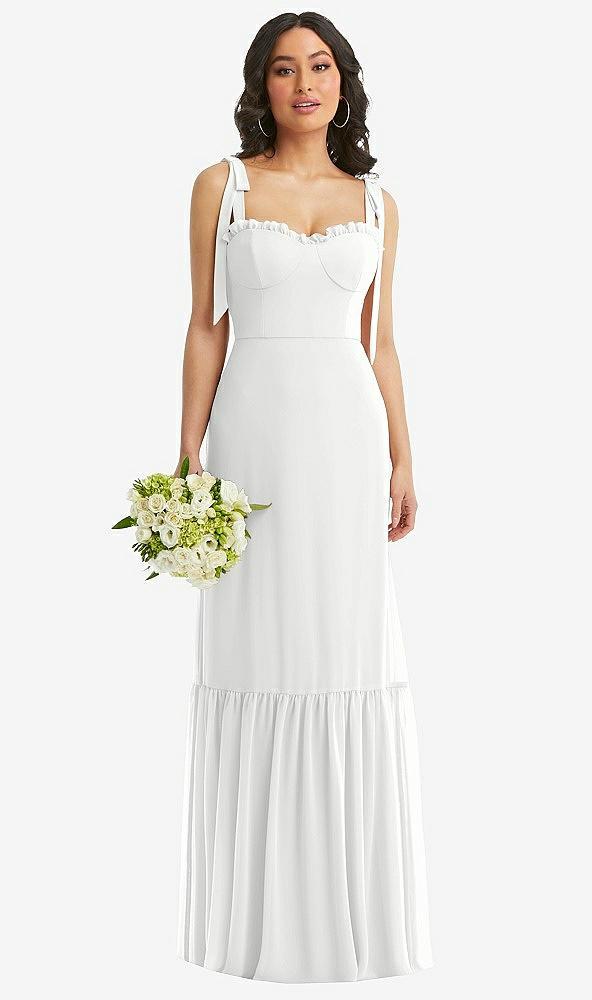 tie-shoulder bustier bodice ruffle-hem maxi dress
