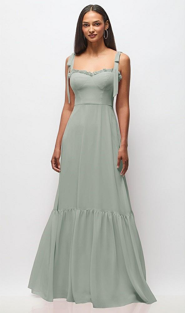 tie-shoulder bustier bodice ruffle-hem maxi dress