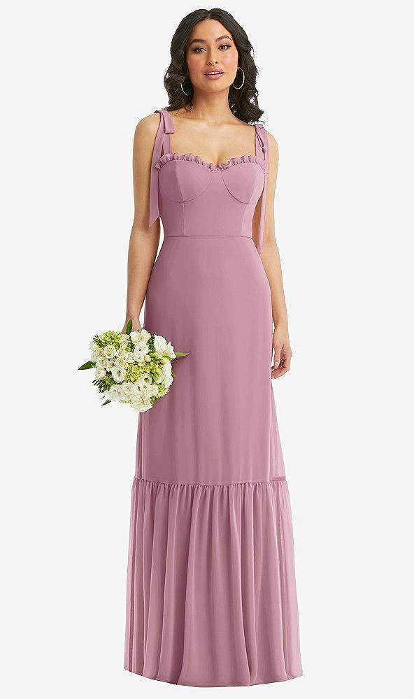 tie-shoulder bustier bodice ruffle-hem maxi dress
