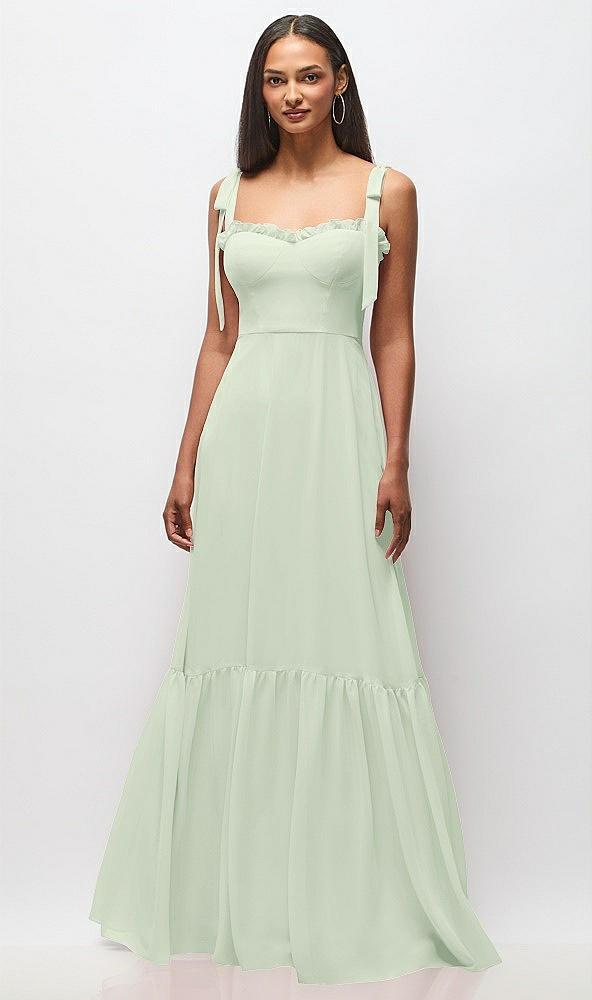 tie-shoulder bustier bodice ruffle-hem maxi dress