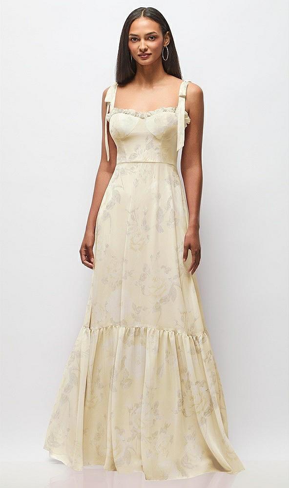 tie-shoulder bustier bodice ruffle-hem maxi dress