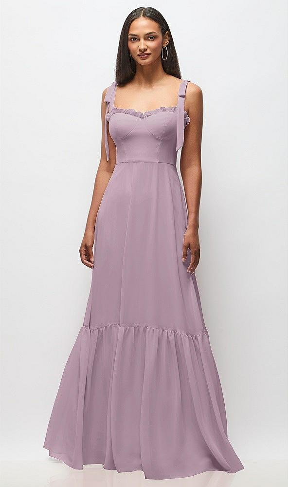 tie-shoulder bustier bodice ruffle-hem maxi dress