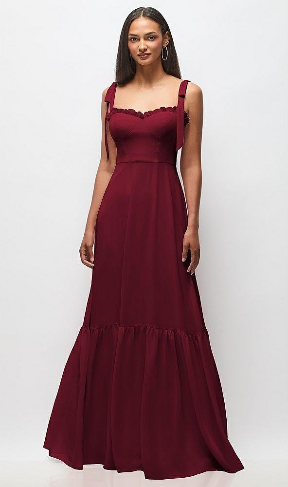 tie-shoulder bustier bodice ruffle-hem maxi dress
