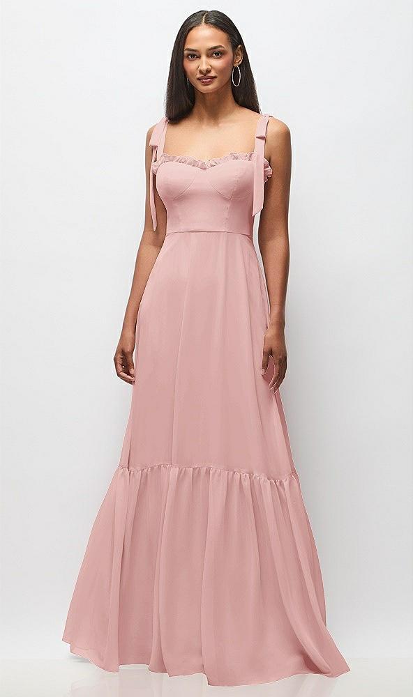 tie-shoulder bustier bodice ruffle-hem maxi dress