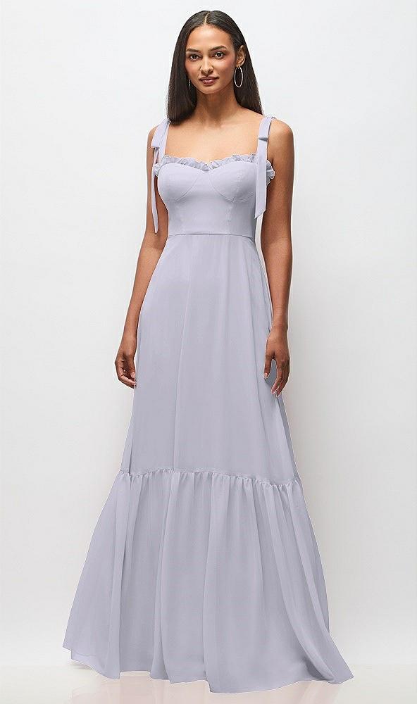 tie-shoulder bustier bodice ruffle-hem maxi dress