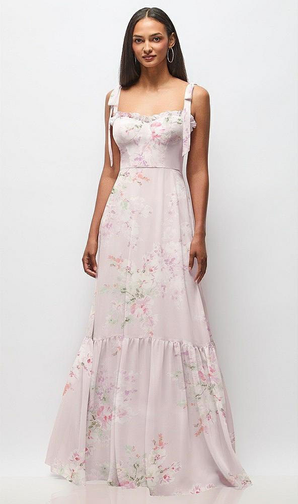 tie-shoulder bustier bodice ruffle-hem maxi dress