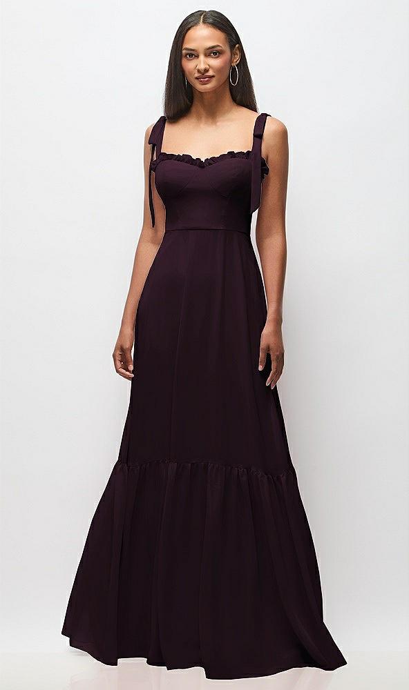 tie-shoulder bustier bodice ruffle-hem maxi dress