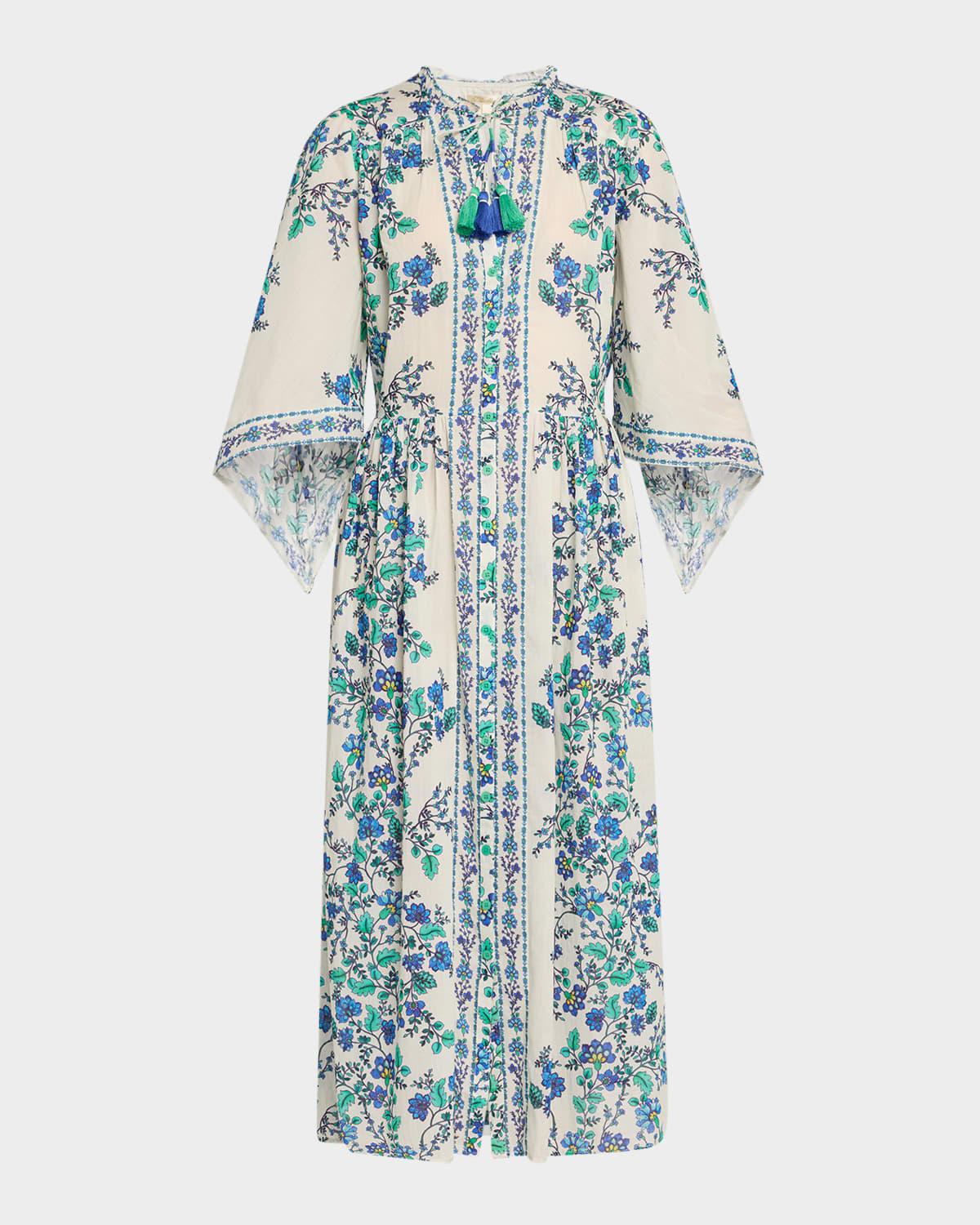 tie-sleeve button-front midi dress