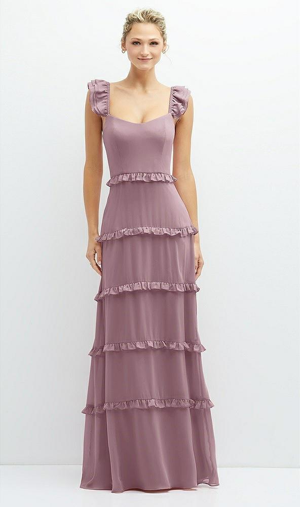 tiered chiffon maxi a-line dress with convertible ruffle straps