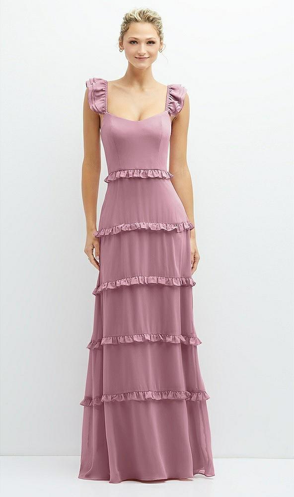 tiered chiffon maxi a-line dress with convertible ruffle straps