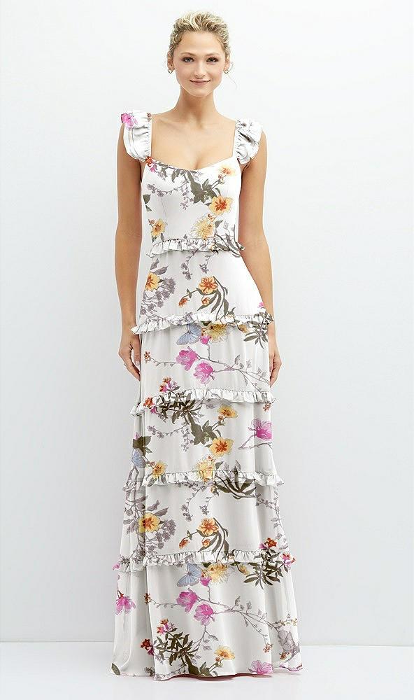tiered chiffon maxi a-line dress with convertible ruffle straps