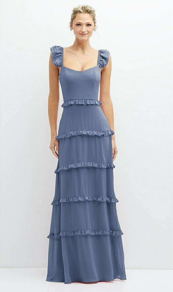 tiered chiffon maxi a-line dress with convertible ruffle straps