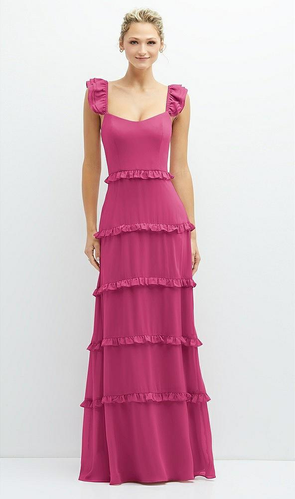 tiered chiffon maxi a-line dress with convertible ruffle straps