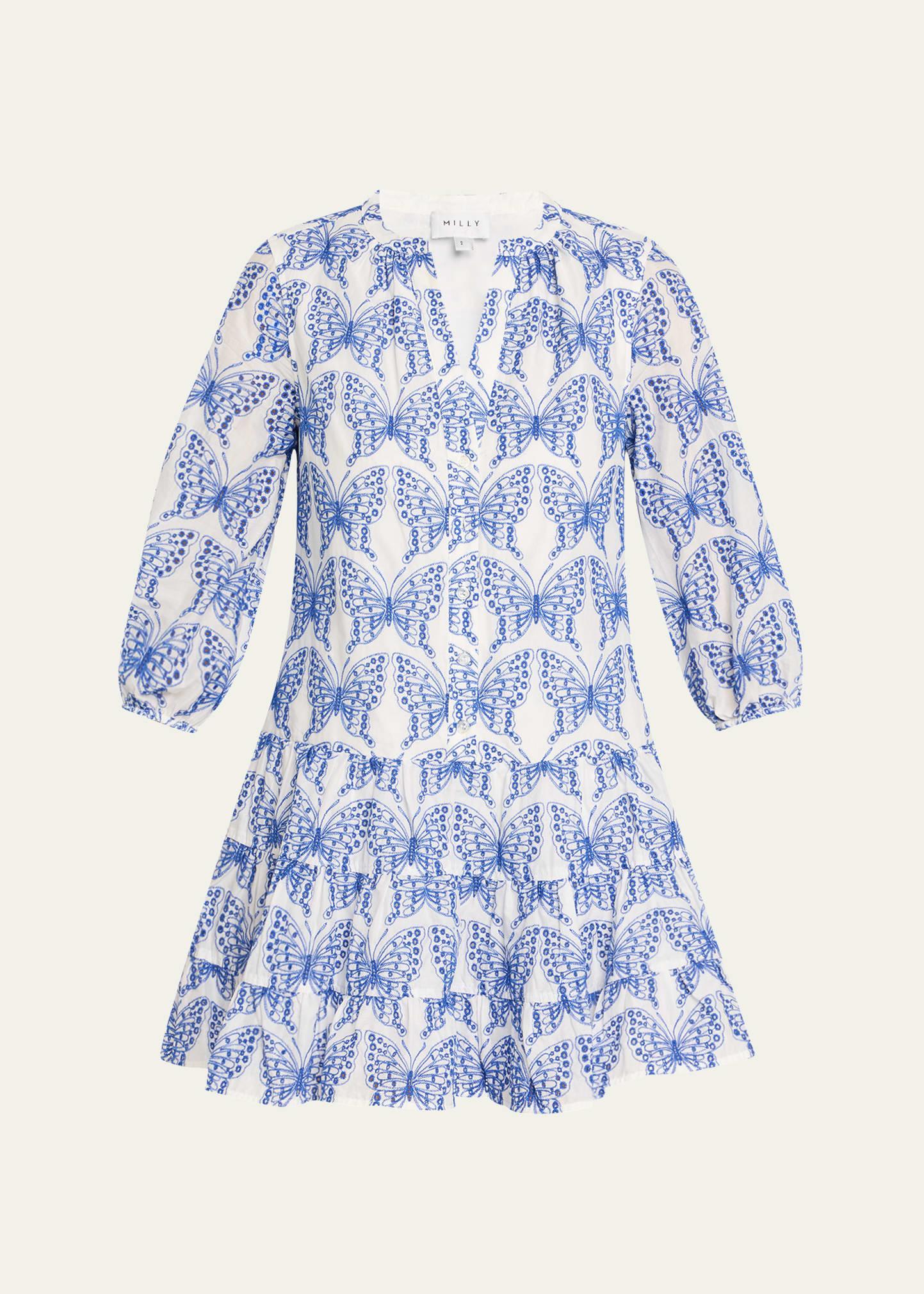 tiered eyelet butterfly-embroidered mini dress