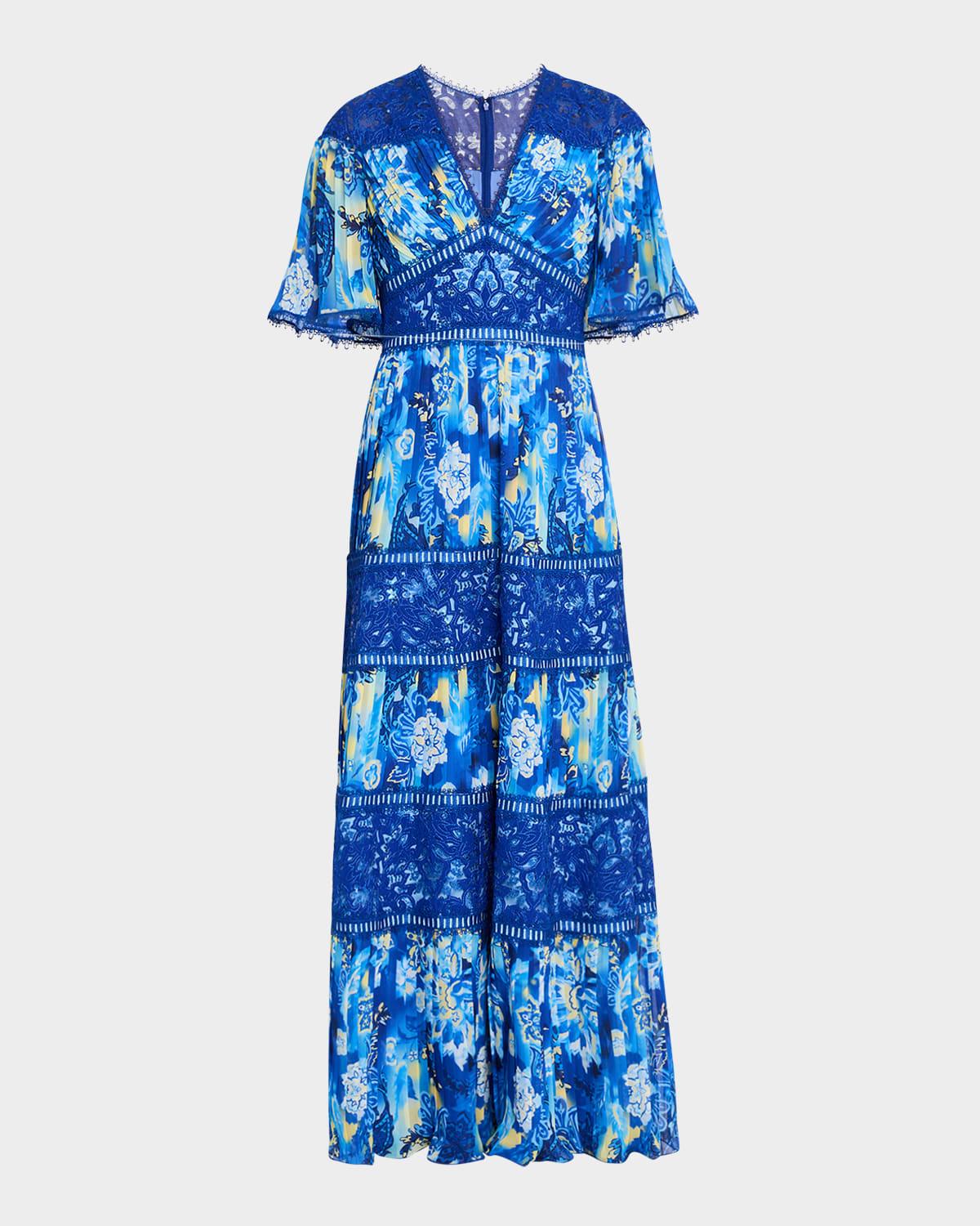 tiered lace-trim pleated chiffon gown